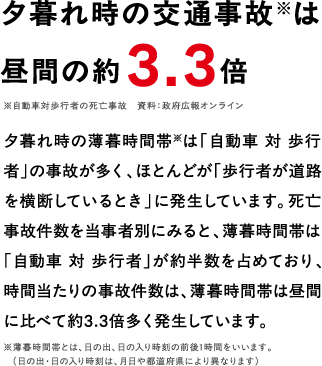 夕暮れ時の交通事故は昼間の約3.3倍